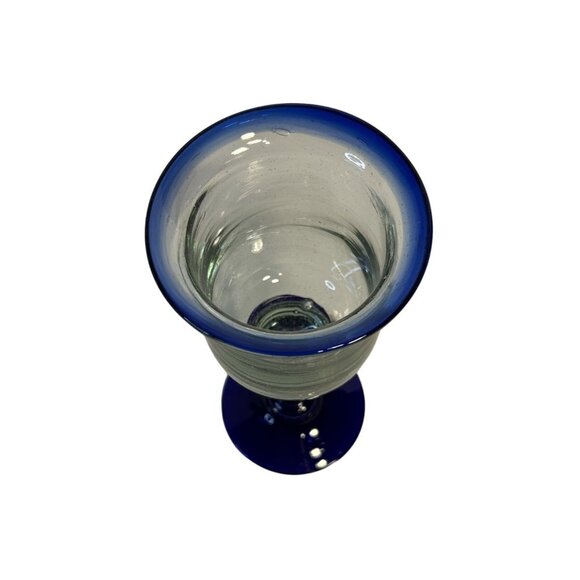 Set-2 Hand Blown Mexican Wine/Water Glass Goblets Cobalt Blue Rims & Base 8" - Picture 7 of 9